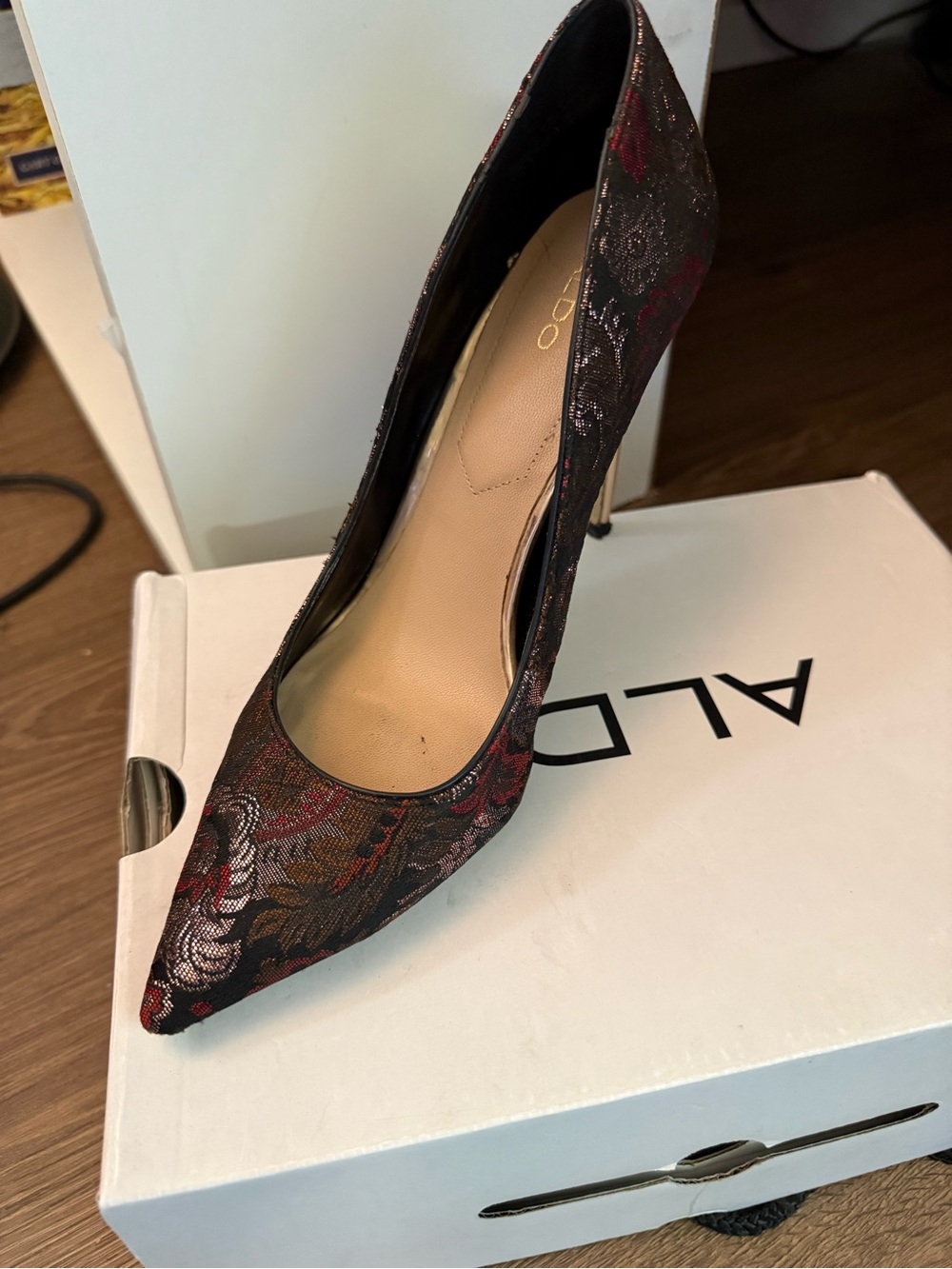 ALDO Floral Brocade Pointed Stiletto Heels in Black, Red and Pink - Picture 6 of 6